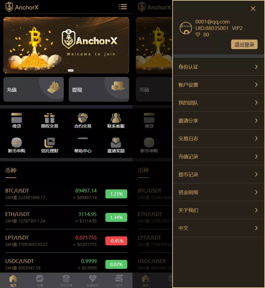 【AnchorX交易所】多语言交易所+币币交易+期权合约+永续合约+新币申购+矿机理财+C2C+前端UNIAPP